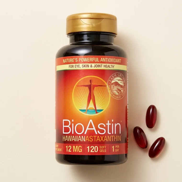BioAstin Hawaiian Astaxanthin 12 mg bottle by Nutrex Hawaii with loose gelcaps