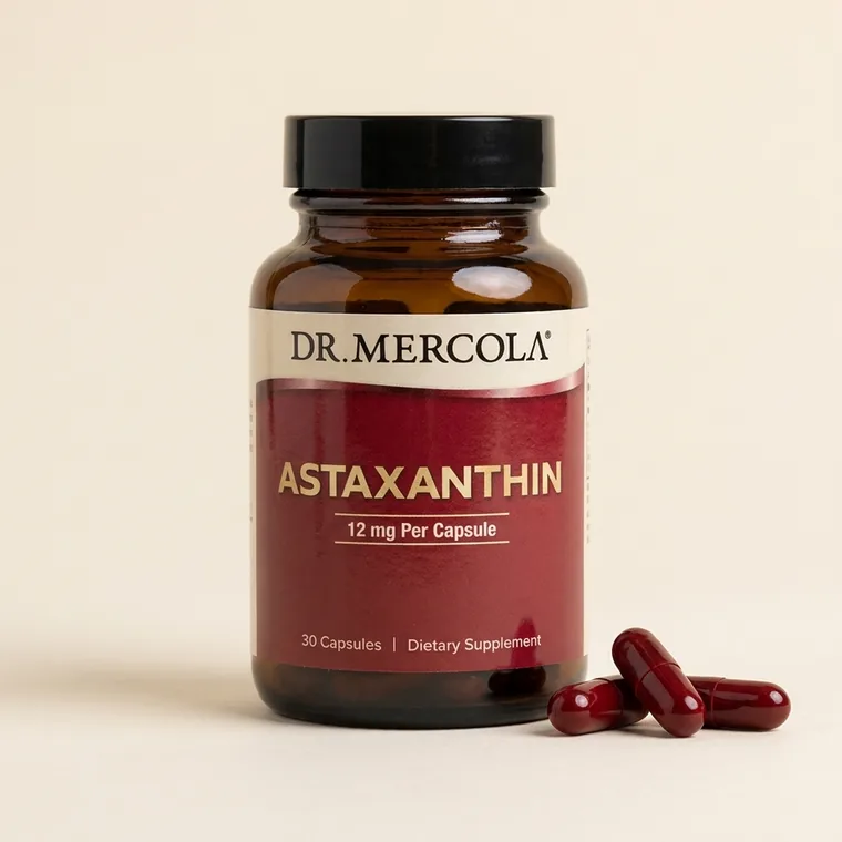 Dr. Mercola Organic Astaxanthin 12 mg bottle with loose capsules