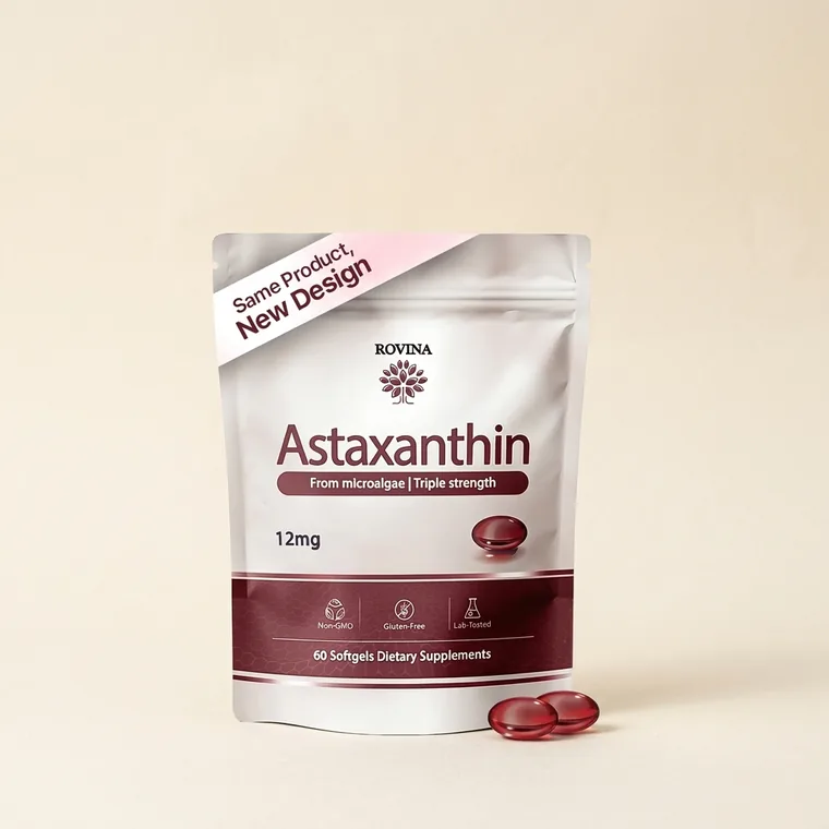 Rovina Astaxanthin 12mg softgels bag with loose softgels