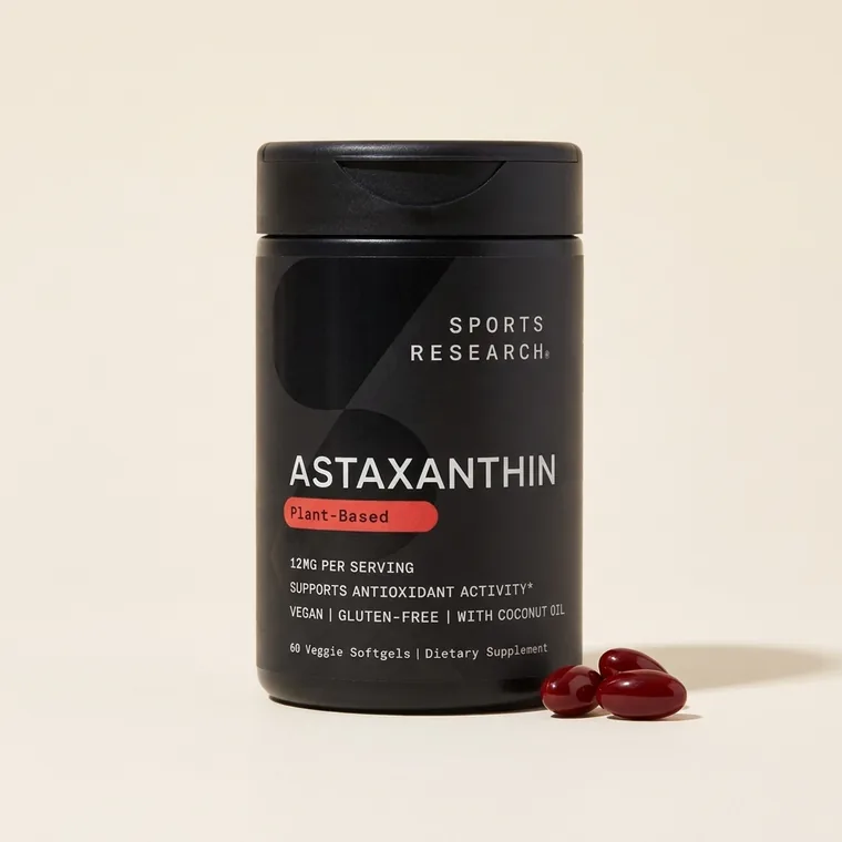 Sports Research Astaxanthin 12mg veggie softgels bottle with loose softgels