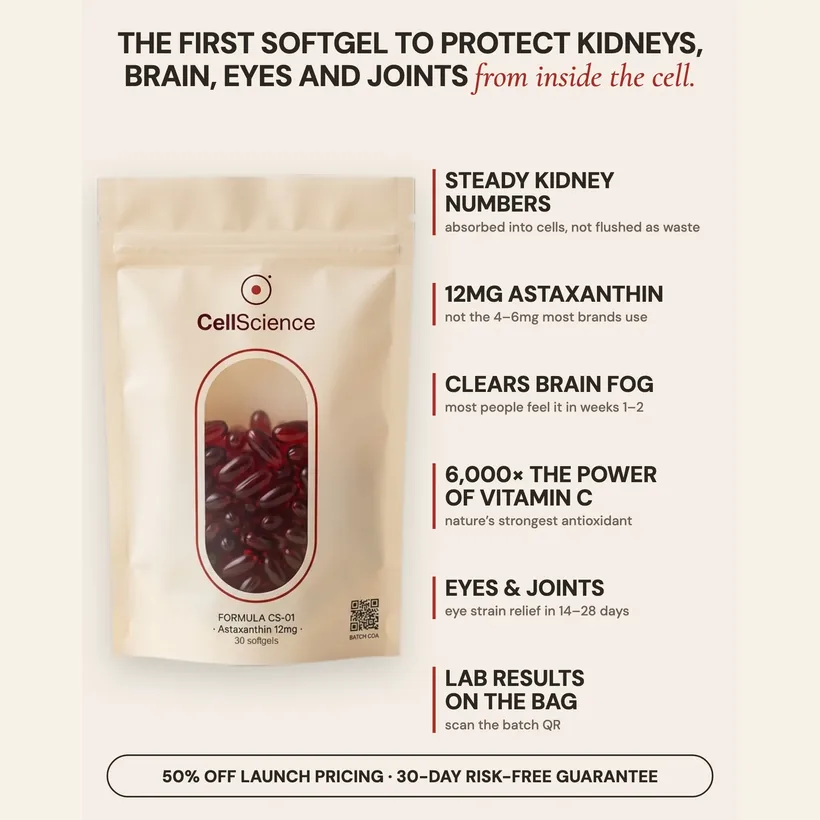 The CellScience bag with its callouts: steady kidney numbers, 12mg astaxanthin, clears brain fog, 6,000× the power of vitamin C, eyes and joints, lab results on the bag